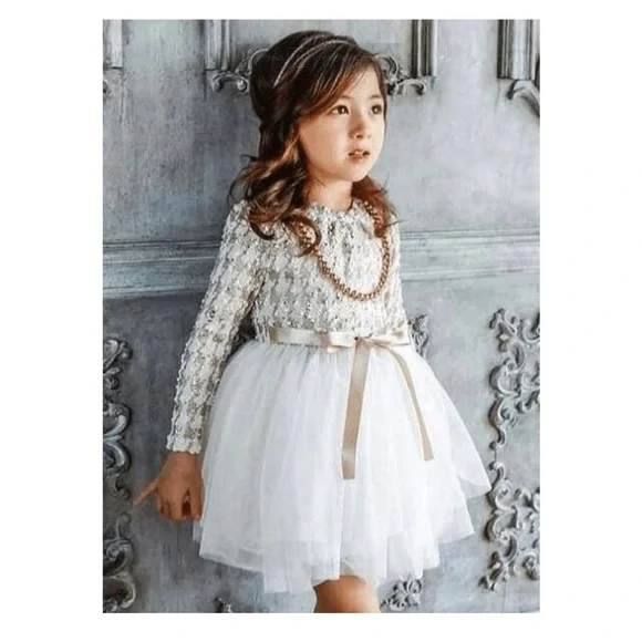 fitted lace wedding dress Moonbun Girls Long-Sleeve Tutu Dress, WHITE(Size 3T) main image 0